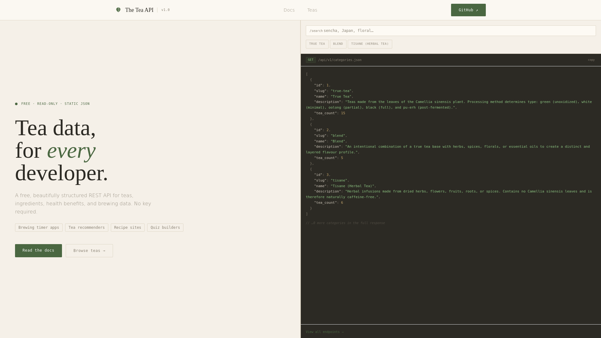website screenshot of https://the-tea-api.kinsta.page
