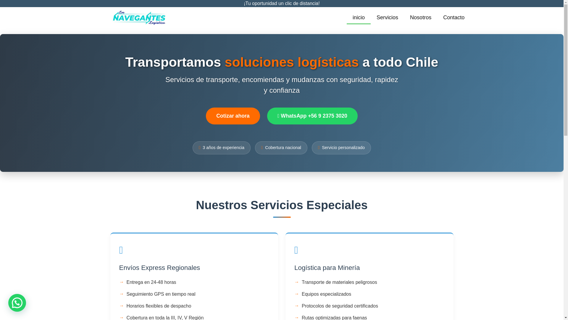 website screenshot of https://losnaveganteslogistica.cl/