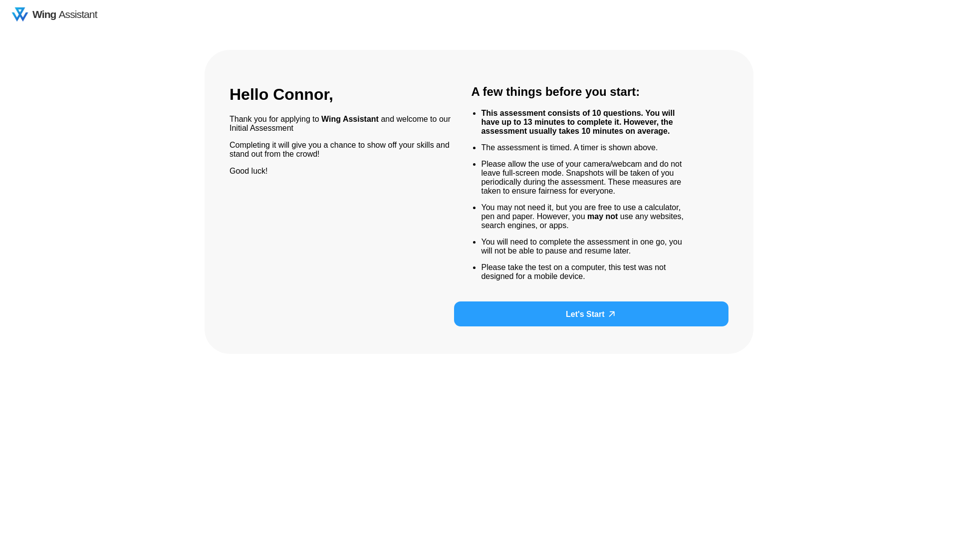 website screenshot of https://testpilot.wingassistant.com/candidate/assessment.php?invitation=4MQB5lXsKm
