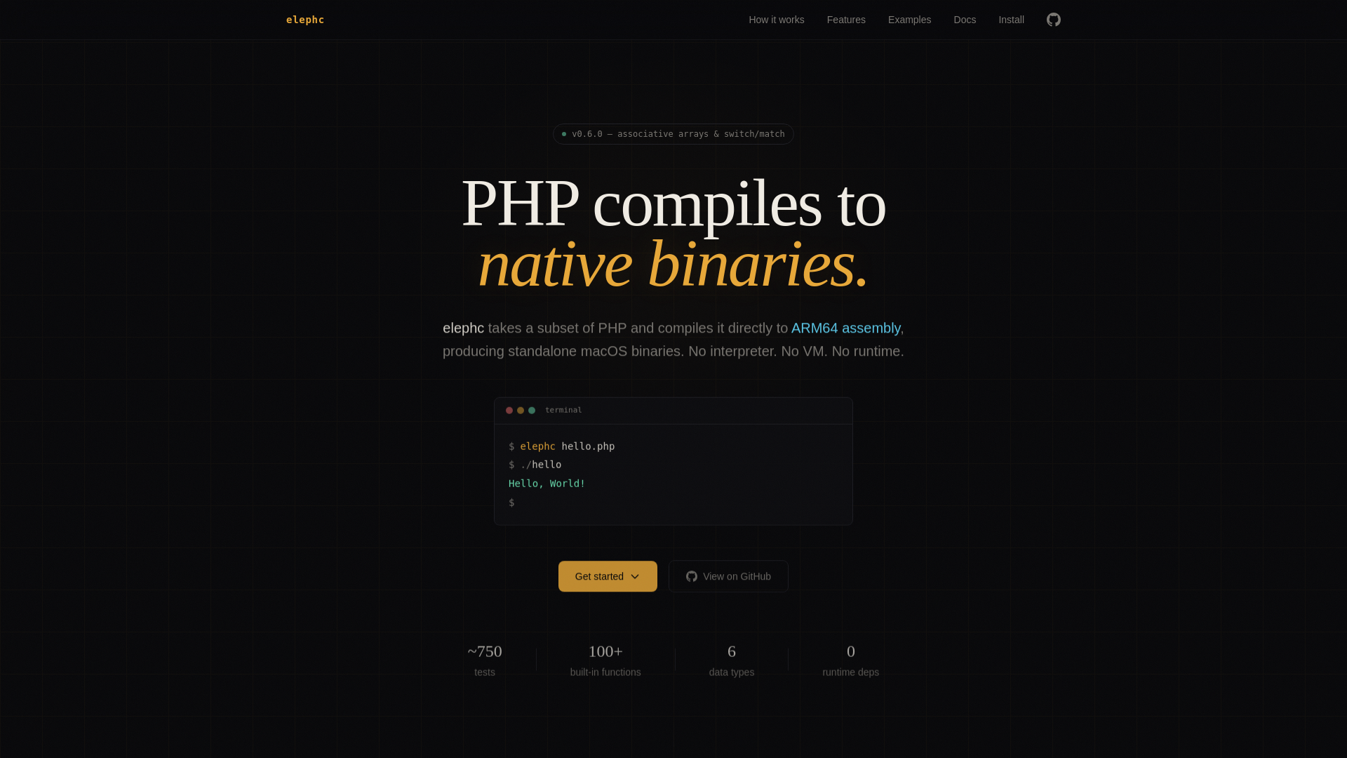 website screenshot of https://elephc-dev.pages.dev/