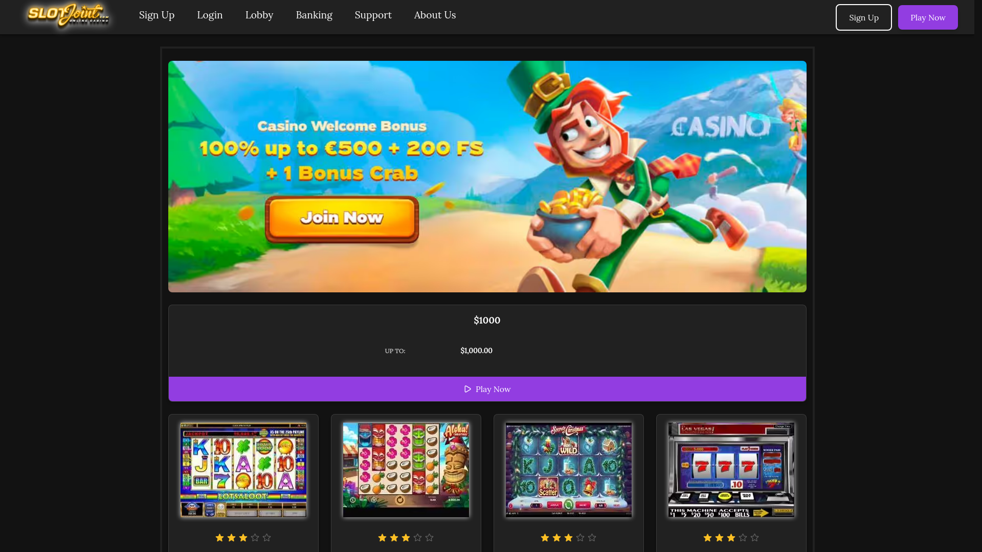 website screenshot of https://casinoslotsjoint.com