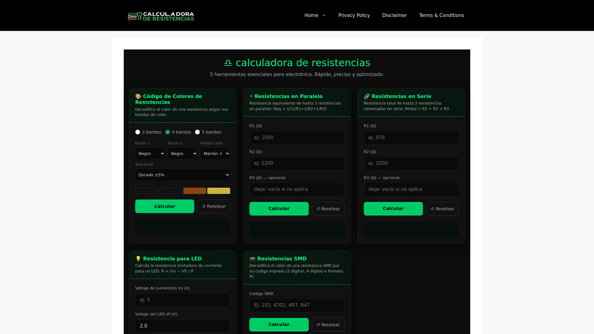 website screenshot of https://calculadoraderesistencias.com/