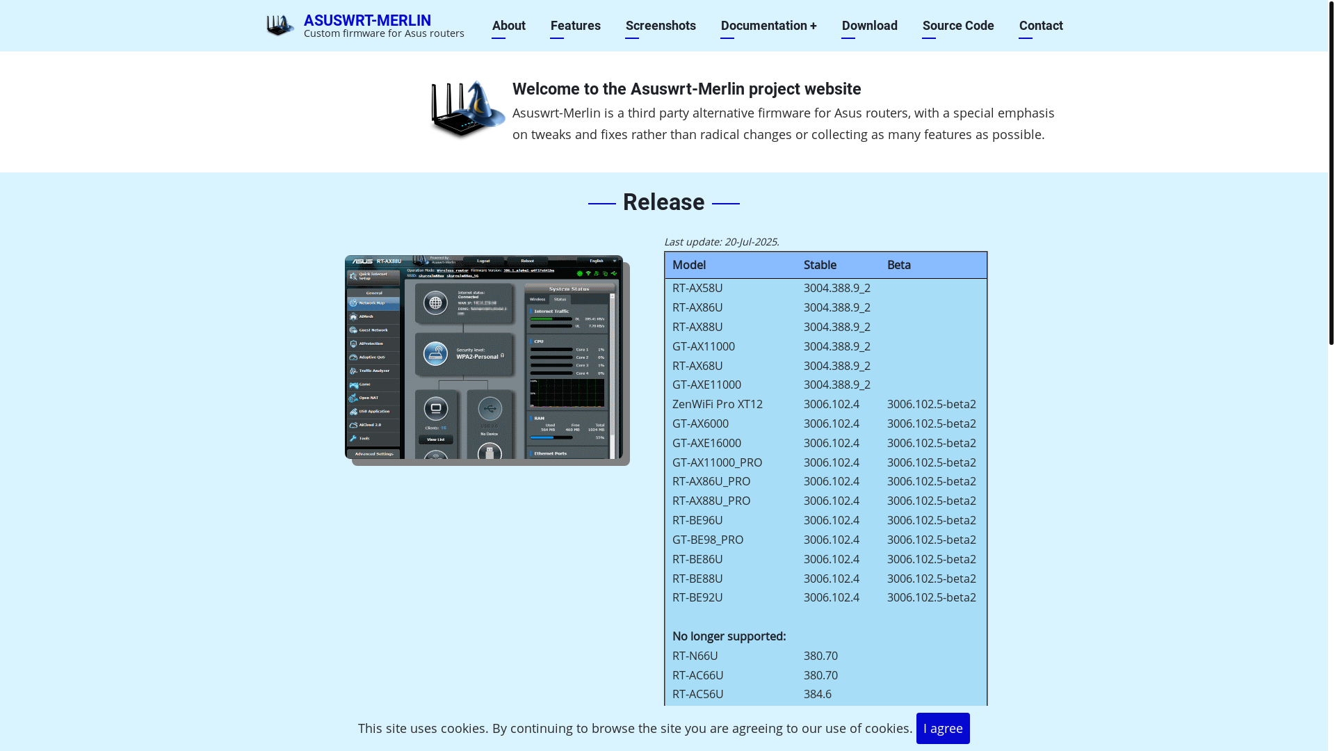 website screenshot of https://asuswrt-merlin.net