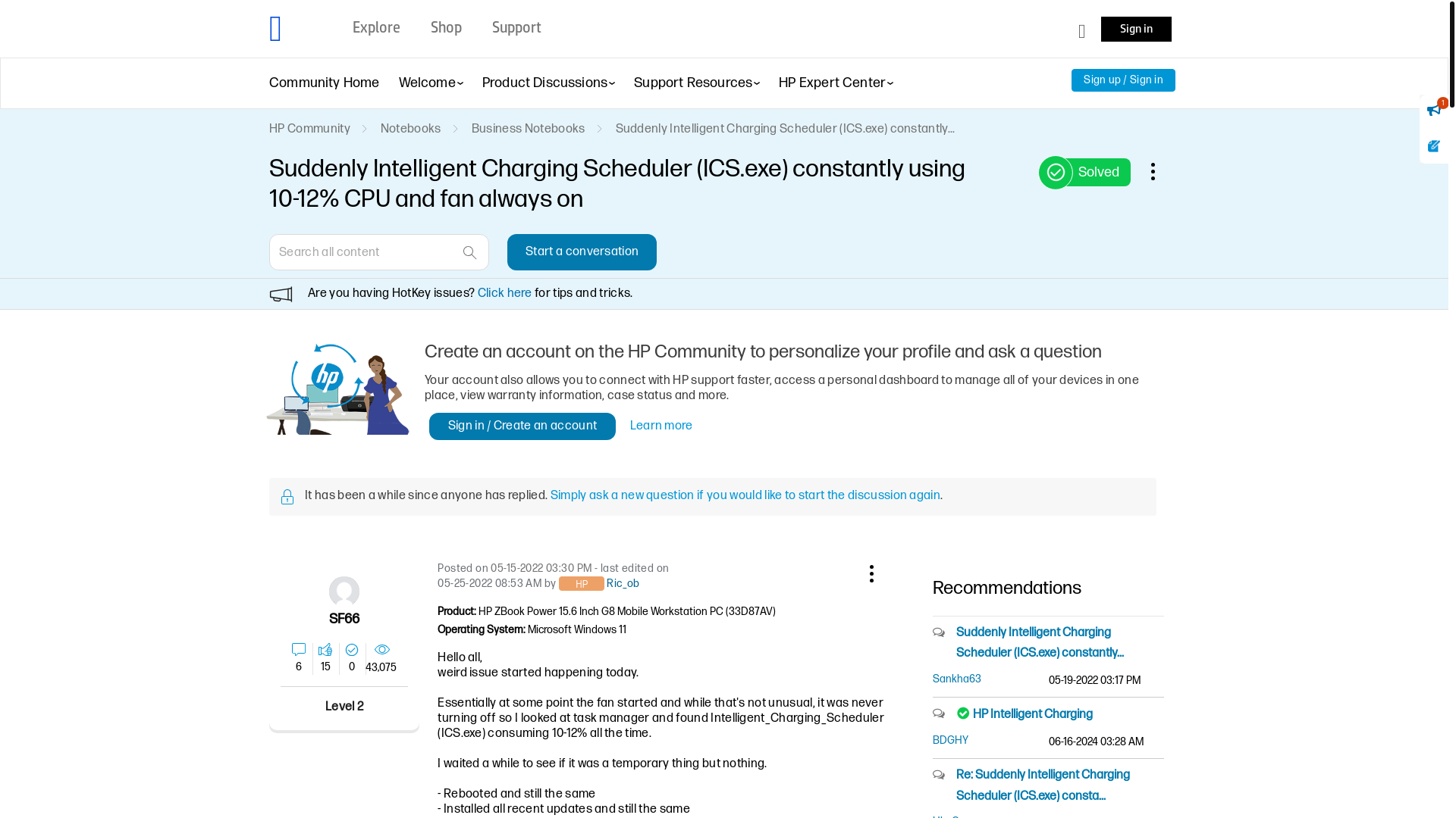 website screenshot of https://h30434.www3.hp.com/t5/Business-Notebooks/Suddenly-Intelligent-Charging-Scheduler-ICS-exe-constantly/td-p/8381624