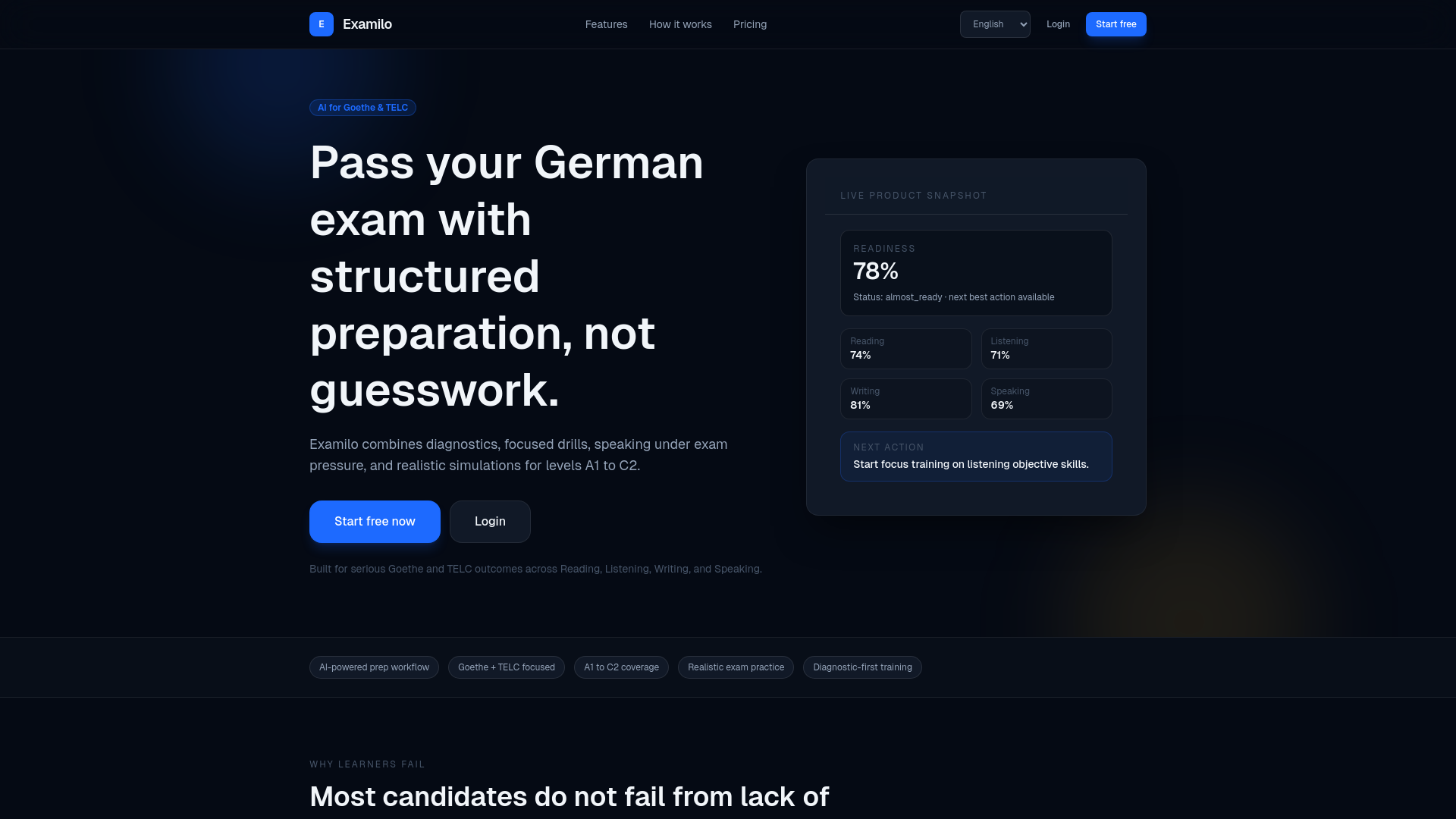 website screenshot of https://examilo.com/