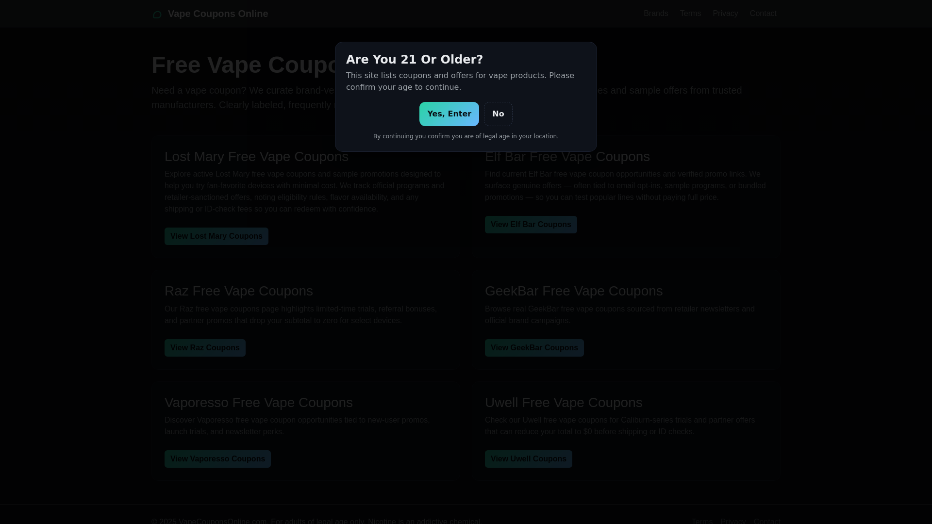 website screenshot of https://vapecouponsonline.com/