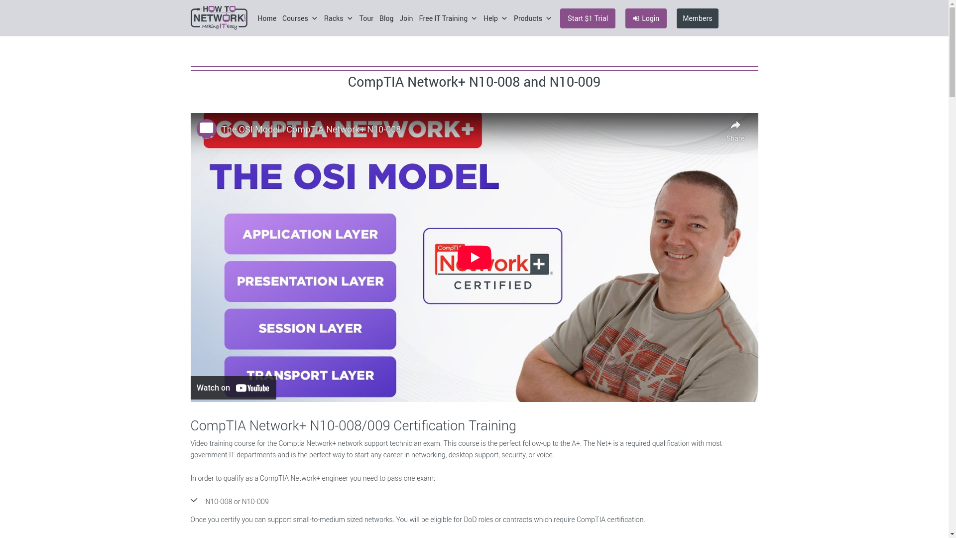 website screenshot of https://www.howtonetwork.com/courses/comptia/network-plus-n10-008/
