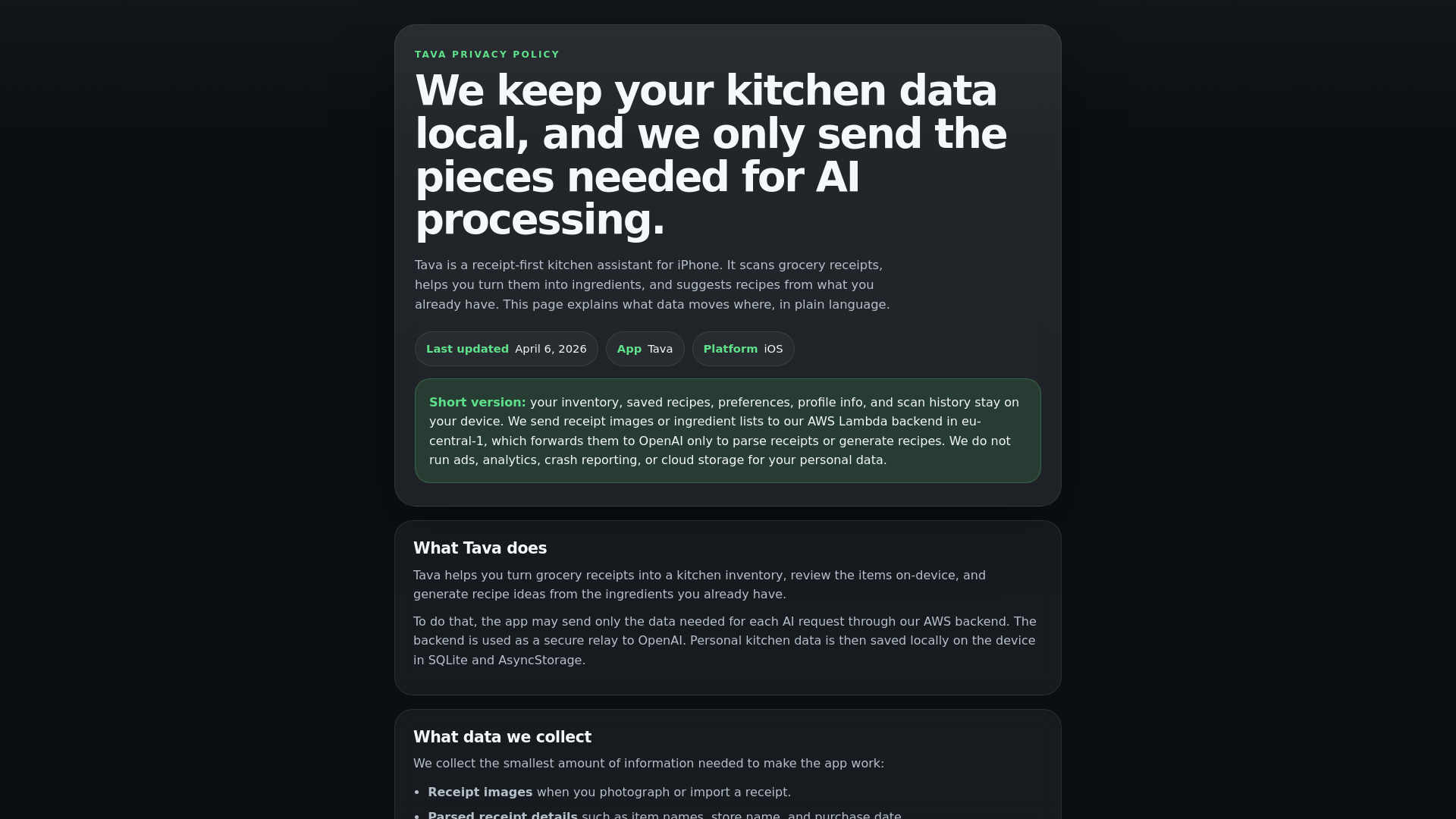 website screenshot of https://tava-privacy-policy.pages.dev/