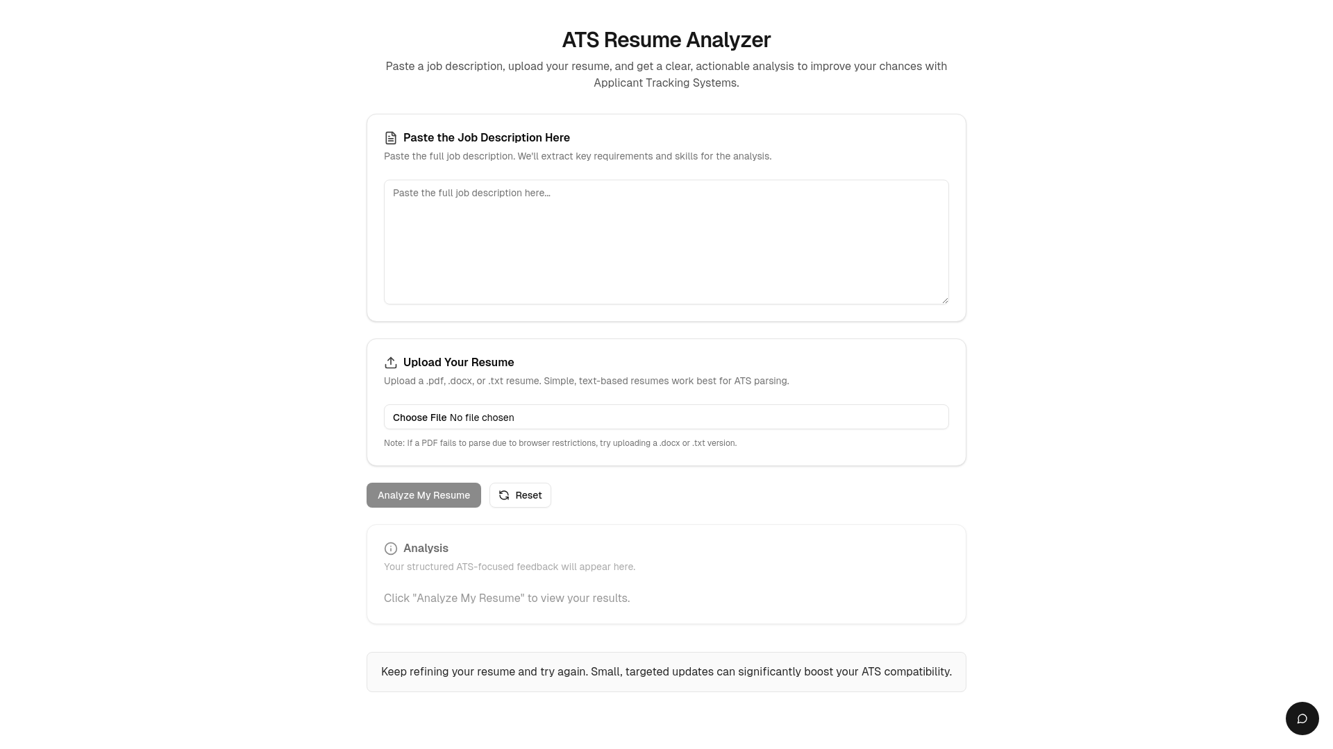 website screenshot of https://atsresumeanalyzer.com/