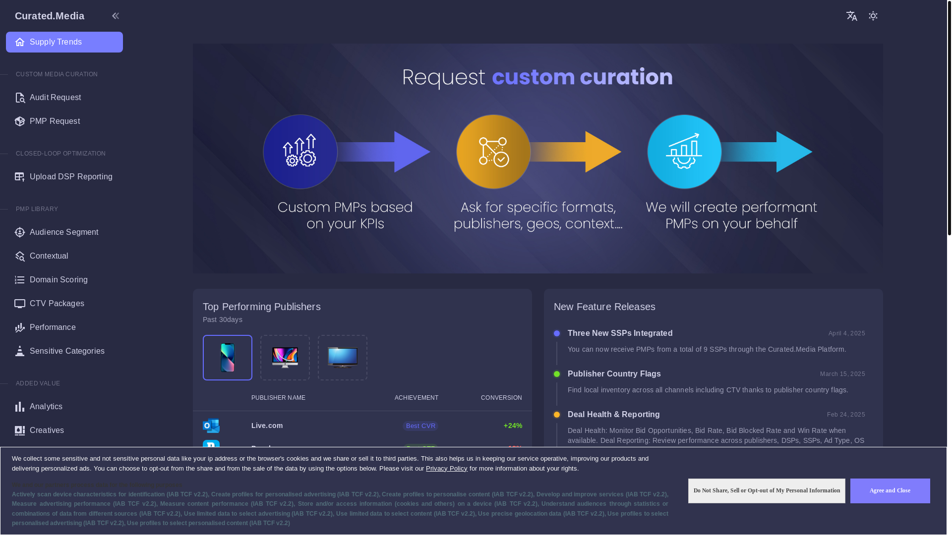 website screenshot of https://withcuratedmedia.com/